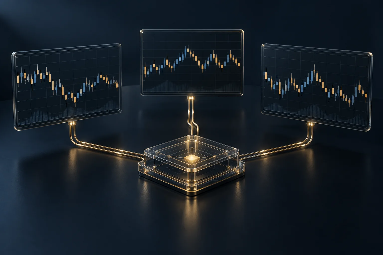 Illustrative trading charts connected through a central technology layer